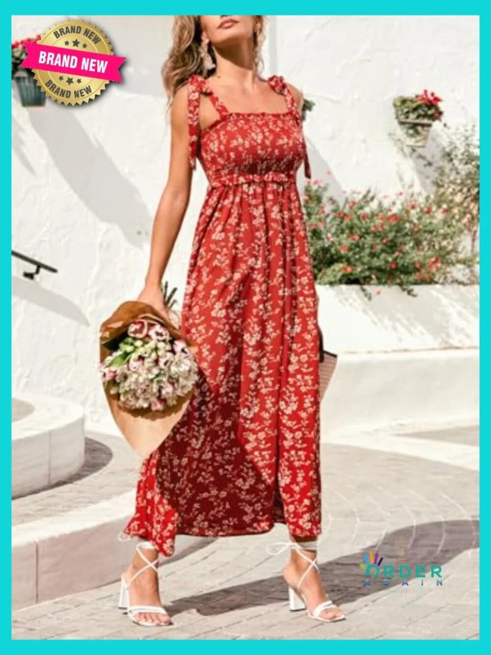 Women's Sleeveless Smocked Midi Sundress Flowy A-Line Casual Beach Summer Dress